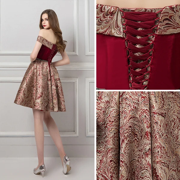 Modern / Fashion Burgundy Homecoming Graduation Dresses 2019 A-Line / Princess Off-The-Shoulder Short Sleeve Beading Sash Short Ruffle Backless Jacquard Formal Dresses