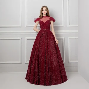 Bling Bling Bordeaux Transparentes Robe De Bal 2019 Princesse Col Haut Manches Courtes Métal Ceinture Longue Volants Glitter Robe De Ceremonie