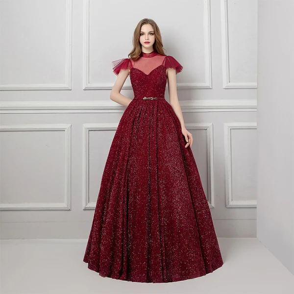 Bling Bling Bordeaux Transparentes Robe De Bal 2019 Princesse Col Haut Manches Courtes Métal Ceinture Longue Volants Glitter Robe De Ceremonie