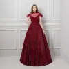 Bling Bling Burgundy See-through Prom Dresses 2019 A-Line / Princess High Neck Short Sleeve Metal Sash Floor-Length / Long Ruffle Glitter Formal Dresses