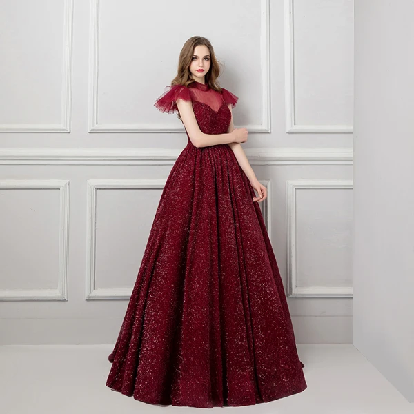 Bling Bling Bordeaux Transparentes Robe De Bal 2019 Princesse Col Haut Manches Courtes Métal Ceinture Longue Volants Glitter Robe De Ceremonie