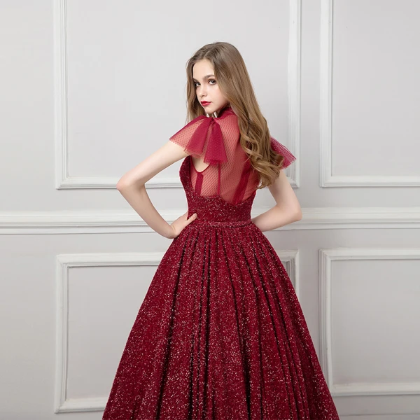 Bling Bling Bordeaux Transparentes Robe De Bal 2019 Princesse Col Haut Manches Courtes Métal Ceinture Longue Volants Glitter Robe De Ceremonie
