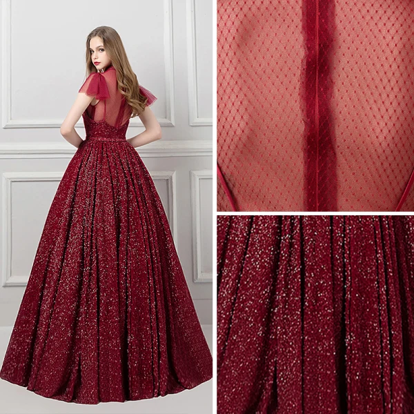 Bling Bling Bordeaux Transparentes Robe De Bal 2019 Princesse Col Haut Manches Courtes Métal Ceinture Longue Volants Glitter Robe De Ceremonie