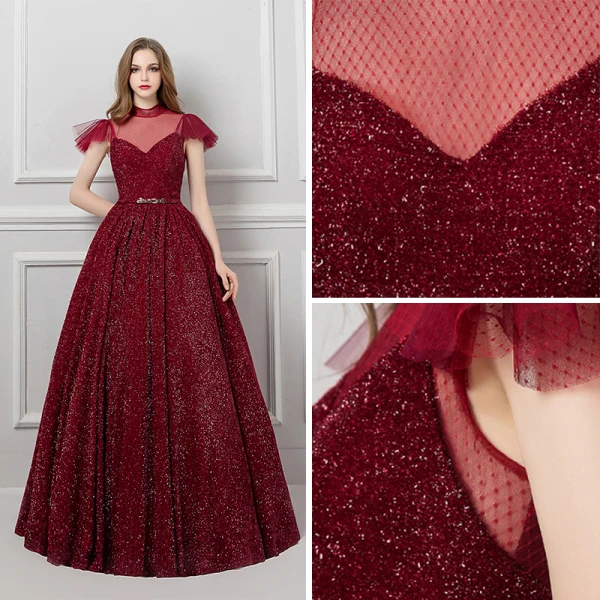 Bling Bling Bordeaux Transparentes Robe De Bal 2019 Princesse Col Haut Manches Courtes Métal Ceinture Longue Volants Glitter Robe De Ceremonie