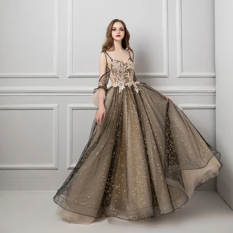 Sexy Tan Robe De Soirée 2019 Princesse Bretelles Spaghetti Manches Courtes Glitter Étoile Tulle Tribunal Train Volants Dos Nu Robe De Ceremonie