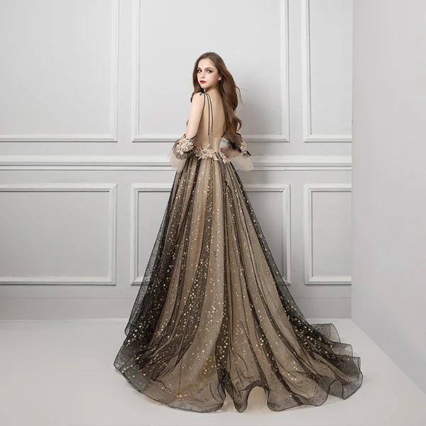 Sexy Tan Evening Dresses 2019 A-Line / Princess Spaghetti Straps Short Sleeve Glitter Star Tulle Court Train Ruffle Backless Formal Dresses Sexy Tan Evening Dresses 2019 A-Line / Princess Spaghetti Straps Short Sleeve Glitter Star Tulle Court Train Ruffle Backless Formal Dresses
