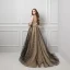 Sexy Tan Evening Dresses  2019 A-Line / Princess Spaghetti Straps Short Sleeve Glitter Star Tulle Court Train Ruffle Backless Formal Dresses