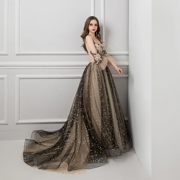 Sexy Tan Evening Dresses 2019 A-Line / Princess Spaghetti Straps Short Sleeve Glitter Star Tulle Court Train Ruffle Backless Formal Dresses