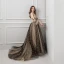 Sexy Tan Evening Dresses  2019 A-Line / Princess Spaghetti Straps Short Sleeve Glitter Star Tulle Court Train Ruffle Backless Formal Dresses