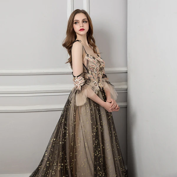Sexy Tan Evening Dresses 2019 A-Line / Princess Spaghetti Straps Short Sleeve Glitter Star Tulle Court Train Ruffle Backless Formal Dresses