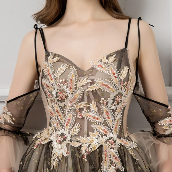 Sexy Tan Evening Dresses 2019 A-Line / Princess Spaghetti Straps Short Sleeve Glitter Star Tulle Court Train Ruffle Backless Formal Dresses