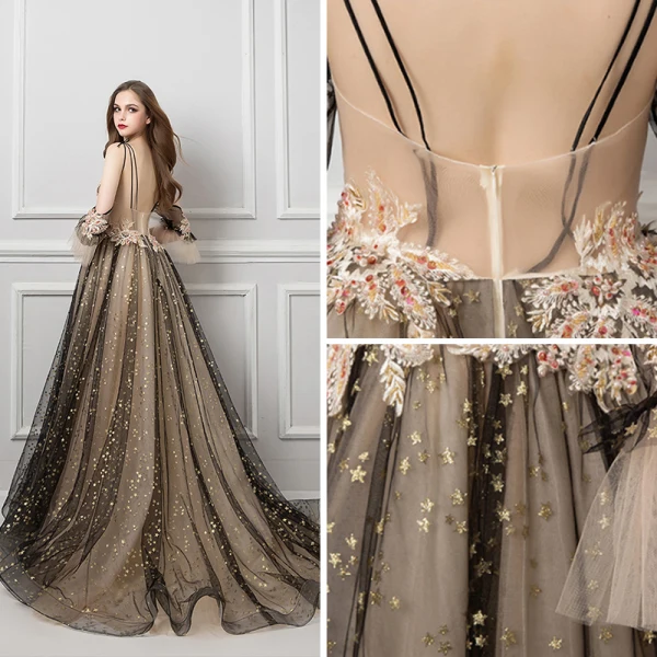 Sexy Tan Evening Dresses 2019 A-Line / Princess Spaghetti Straps Short Sleeve Glitter Star Tulle Court Train Ruffle Backless Formal Dresses
