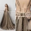 Sexy Tan Evening Dresses  2019 A-Line / Princess Spaghetti Straps Short Sleeve Glitter Star Tulle Court Train Ruffle Backless Formal Dresses