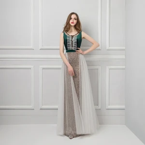 Moderne Mode Vert Foncé Robe De Soirée 2019 Gaine Ajustement Encolure Dégagée Sans Manches Perlage Paillettes Longue Volants Dos Nu Glitter Robe De Ceremonie