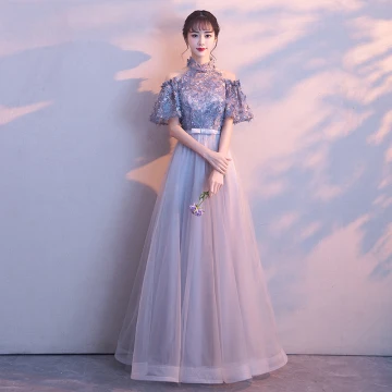 Chic Beautiful Grey Evening Dresses 2017 A Line Princess High Neck Strapless 1 2 Sleeves Appliques Flower Bow Sash Floor Length Long Formal Dresses