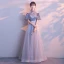 Chic / Belle Gris Robe De Soirée 2017 Princesse Col Haut Bustier 1/2 Manches Appliques Fleur Noeud Ceinture Longue Robe De Ceremonie