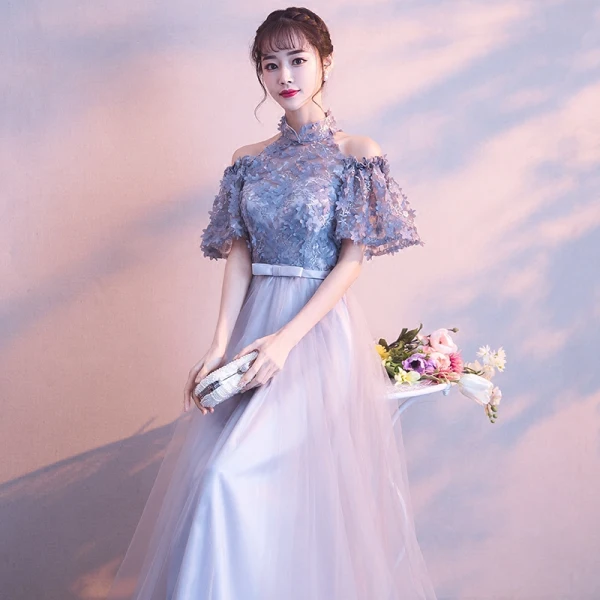 Chic / Belle Gris Robe De Soirée 2017 Princesse Col Haut Bustier 1/2 Manches Appliques Fleur Noeud Ceinture Longue Robe De Ceremonie