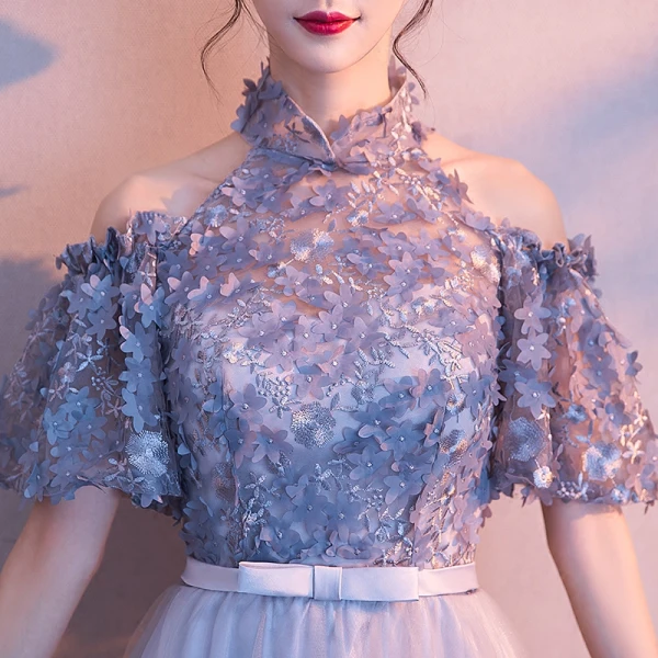 Chic / Belle Gris Robe De Soirée 2017 Princesse Col Haut Bustier 1/2 Manches Appliques Fleur Noeud Ceinture Longue Robe De Ceremonie