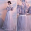Chic / Belle Gris Robe De Soirée 2017 Princesse Col Haut Bustier 1/2 Manches Appliques Fleur Noeud Ceinture Longue Robe De Ceremonie