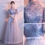 Chic / Belle Gris Robe De Soirée 2017 Princesse Col Haut Bustier 1/2 Manches Appliques Fleur Noeud Ceinture Longue Robe De Ceremonie
