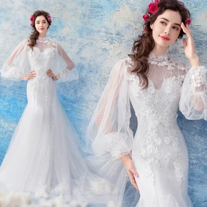 Abordable Blanche Transparentes Robe De Mariée 2019 Trompette Sirène Col Haut Gonflée Manches Longues Dos Nu Appliques En Dentelle Perle Chapel Train Volants