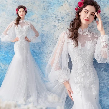 Affordable White See Through Wedding Dresses 2019 Trumpet Mermaid High Neck Puffy Long Sleeve Backless Appliques Lace Pearl Chapel Train Ruffle