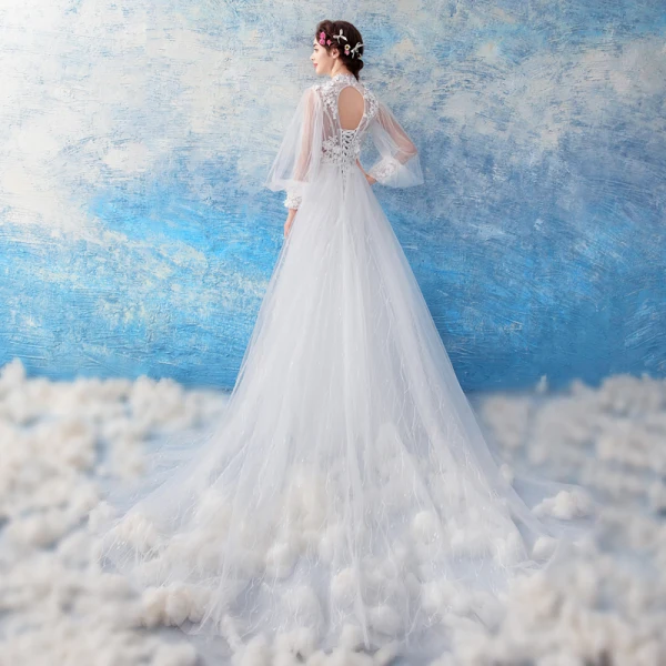 Abordable Blanche Transparentes Robe De Mariée 2019 Trompette / Sirène Col Haut Gonflée Manches Longues Dos Nu Appliques En Dentelle Perle Chapel Train Volants