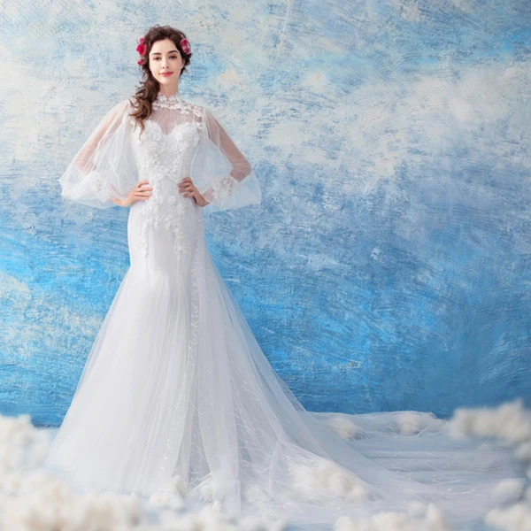 Abordable Blanche Transparentes Robe De Mariée 2019 Trompette / Sirène Col Haut Gonflée Manches Longues Dos Nu Appliques En Dentelle Perle Chapel Train Volants