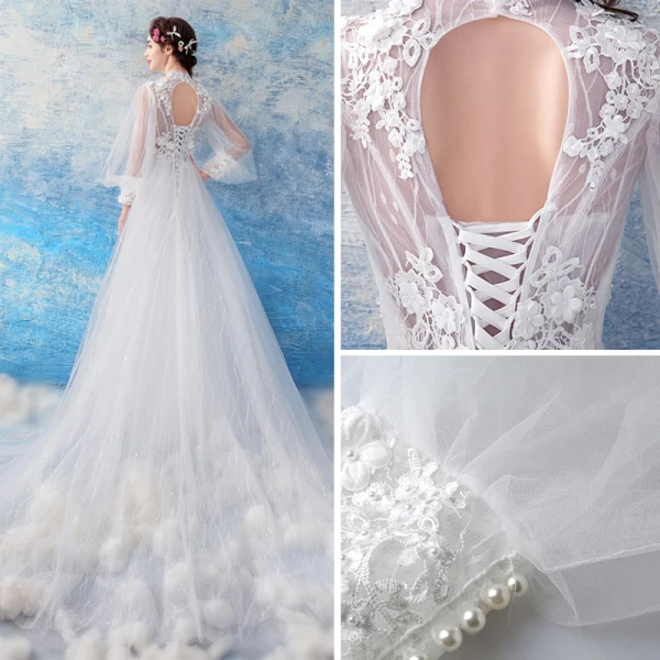 Abordable Blanche Transparentes Robe De Mariée 2019 Trompette / Sirène Col Haut Gonflée Manches Longues Dos Nu Appliques En Dentelle Perle Chapel Train Volants