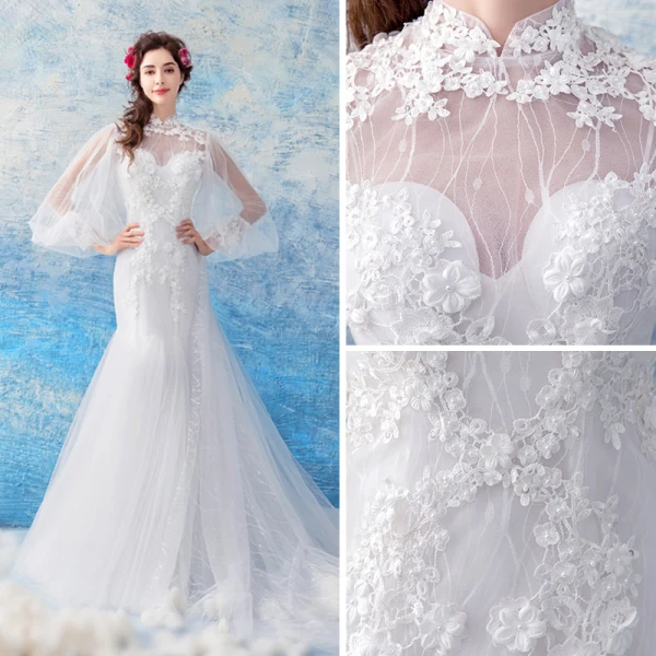 Abordable Blanche Transparentes Robe De Mariée 2019 Trompette / Sirène Col Haut Gonflée Manches Longues Dos Nu Appliques En Dentelle Perle Chapel Train Volants