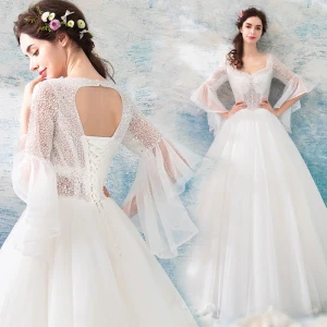 Affordable Ivory Beach Wedding Dresses 2019 Ball Gown Square Neckline Long Sleeve Backless Beading Sequins Floor Length Long Ruffle