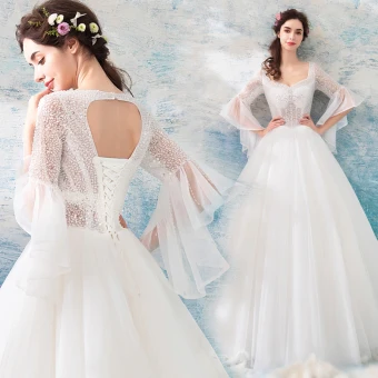 Abordable Ivoire Plage Robe De Mariée 2019 Robe Boule Encolure Carrée Manches Longues Dos Nu Perlage Paillettes Longue Volants