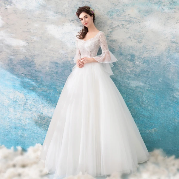 Erschwinglich Ivory / Creme Strand Brautkleider / Hochzeitskleider 2019 Ballkleid Eckiger Ausschnitt Lange Ärmel Rückenfreies Perlenstickerei Pailletten Lange Rüschen