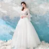 Affordable Ivory Beach Wedding Dresses 2019 Ball Gown Square Neckline Long Sleeve Backless Beading Sequins Floor-Length / Long Ruffle
