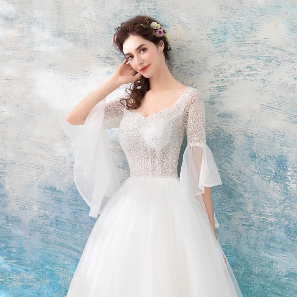 Erschwinglich Ivory / Creme Strand Brautkleider / Hochzeitskleider 2019 Ballkleid Eckiger Ausschnitt Lange Ärmel Rückenfreies Perlenstickerei Pailletten Lange Rüschen