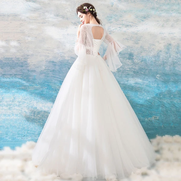 Erschwinglich Ivory / Creme Strand Brautkleider / Hochzeitskleider 2019 Ballkleid Eckiger Ausschnitt Lange Ärmel Rückenfreies Perlenstickerei Pailletten Lange Rüschen