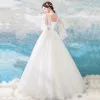 Affordable Ivory Beach Wedding Dresses 2019 Ball Gown Square Neckline Long Sleeve Backless Beading Sequins Floor-Length / Long Ruffle