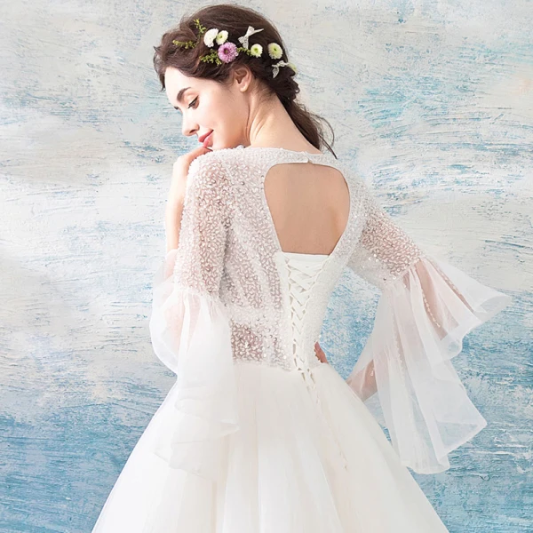 Erschwinglich Ivory / Creme Strand Brautkleider / Hochzeitskleider 2019 Ballkleid Eckiger Ausschnitt Lange Ärmel Rückenfreies Perlenstickerei Pailletten Lange Rüschen