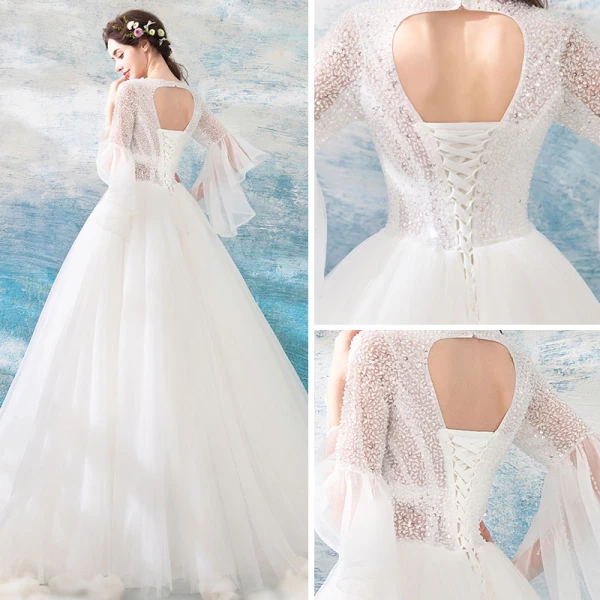 Erschwinglich Ivory / Creme Strand Brautkleider / Hochzeitskleider 2019 Ballkleid Eckiger Ausschnitt Lange Ärmel Rückenfreies Perlenstickerei Pailletten Lange Rüschen