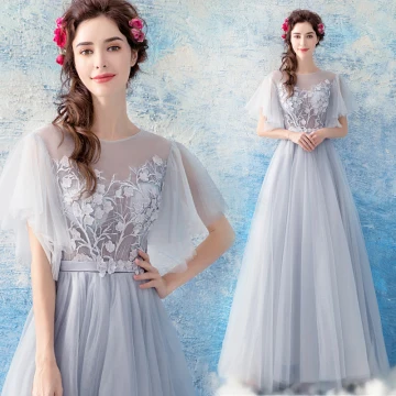 Illusion Grey See Through Evening Dresses 2019 A Line Princess Scoop Neck Short Sleeve Appliques Lace Pearl Floor Length Long Ruffle Formal Dresses