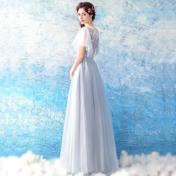 Illusion Grey See-through Evening Dresses 2019 A-Line / Princess Scoop Neck Short Sleeve Appliques Lace Pearl Floor-Length / Long Ruffle Formal Dresses
