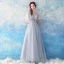 Illusion Grey See-through Evening Dresses  2019 A-Line / Princess Scoop Neck Short Sleeve Appliques Lace Pearl Floor-Length / Long Ruffle Formal Dresses