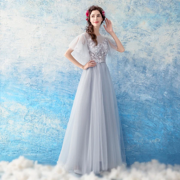 Illusion Grey See-through Evening Dresses 2019 A-Line / Princess Scoop Neck Short Sleeve Appliques Lace Pearl Floor-Length / Long Ruffle Formal Dresses