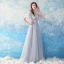 Illusion Grey See-through Evening Dresses  2019 A-Line / Princess Scoop Neck Short Sleeve Appliques Lace Pearl Floor-Length / Long Ruffle Formal Dresses