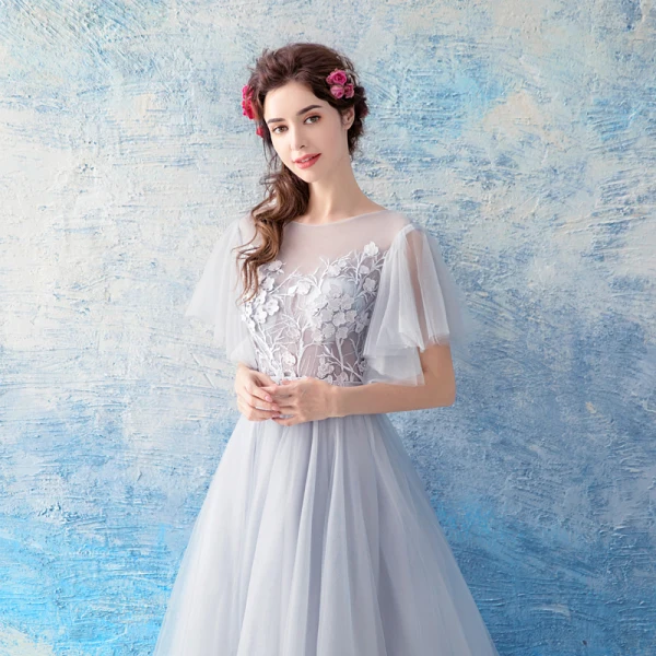 Illusion Grey See-through Evening Dresses 2019 A-Line / Princess Scoop Neck Short Sleeve Appliques Lace Pearl Floor-Length / Long Ruffle Formal Dresses