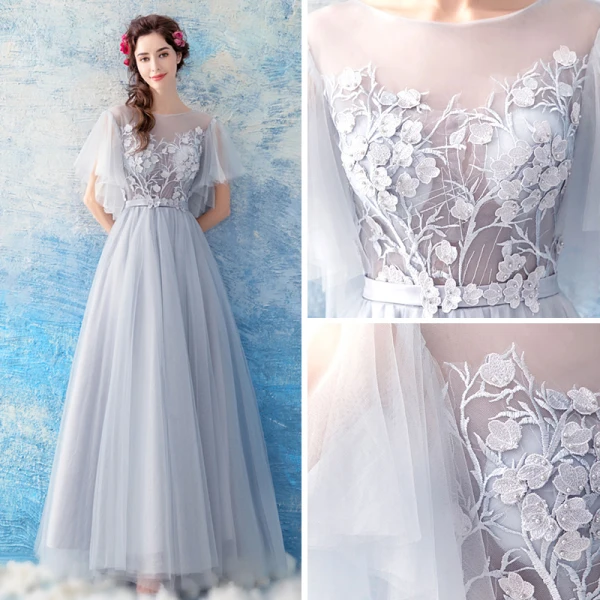 Illusion Grey See-through Evening Dresses 2019 A-Line / Princess Scoop Neck Short Sleeve Appliques Lace Pearl Floor-Length / Long Ruffle Formal Dresses