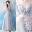 Illusion Grey See-through Evening Dresses  2019 A-Line / Princess Scoop Neck Short Sleeve Appliques Lace Pearl Floor-Length / Long Ruffle Formal Dresses
