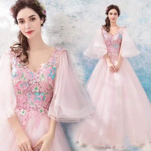 Blomsterfe Rødmende Rosa Ballkjoler 2019 Prinsesse V Hals 3 4 Ermer Appliques Blonder Lange Buste Ryggløse Formelle Kjoler