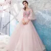 Flower Fairy Blushing Pink Prom Dresses 2019 A-Line / Princess V-Neck 3/4 Sleeve Appliques Lace Floor-Length / Long Ruffle Backless Formal Dresses