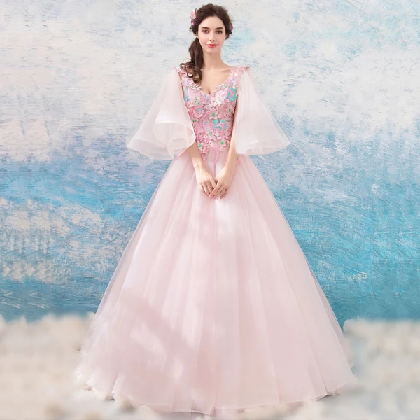 Flower Fairy Blushing Pink Prom Dresses 2019 A-Line / Princess V-Neck 3/4 Sleeve Appliques Lace Floor-Length / Long Ruffle Backless Formal Dresses